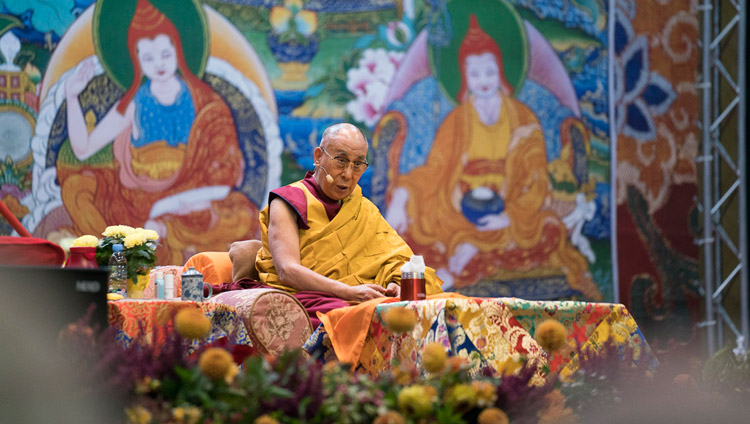 His Holiness the Dalai Lama speaking on the second day of his teachings at Skonto Hall in Riga, Latvia on September 24, 2017. Photo by Tenzin Choejor His Holiness the Dalai Lama speaking on the second day of his teachings at Skonto Hall in Riga, Latvia on September 24, 2017. Photo by Tenzin Choejor