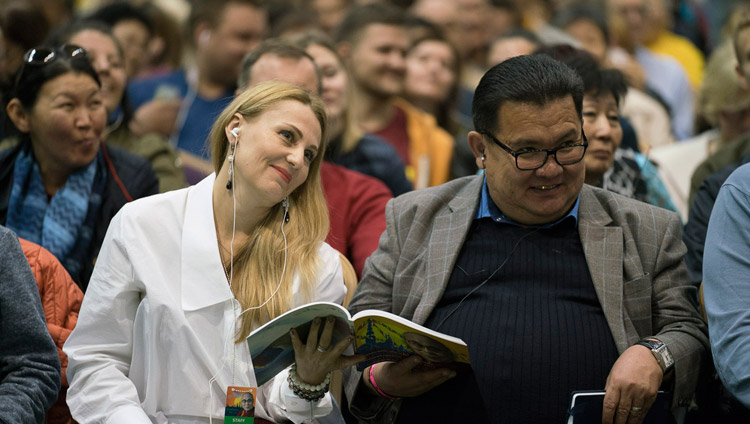 Members of the audience listening to His Holiness the Dalai Lama on the second day of his teachings at Skonto Hall in Riga, Latvia on September 24, 2017. Photo by Tenzin Choejor Members of the audience listening to His Holiness the Dalai Lama on the second day of his teachings at Skonto Hall in Riga, Latvia on September 24, 2017. Photo by Tenzin Choejor