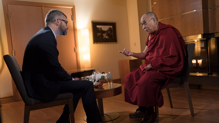 His Holiness the Dalai Lama giving an interview to Gundars Reders of Latvian Television in Riga, Latvia on September 25, 2017. Photo by Tenzin Choejor His Holiness the Dalai Lama giving an interview to Gundars Reders of Latvian Television in Riga, Latvia on September 25, 2017. Photo by Tenzin Choejor