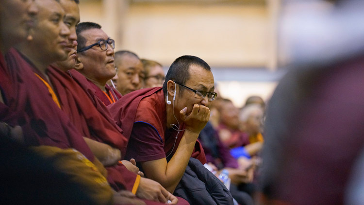 Members of the monastic community in the audience listening to His Holiness the Dalai Lama's final session of teachings in Riga, Latvia on September 25, 2017. Photo by Tenzin Choejor Members of the monastic community in the audience listening to His Holiness the Dalai Lama's final session of teachings in Riga, Latvia on September 25, 2017. Photo by Tenzin Choejor