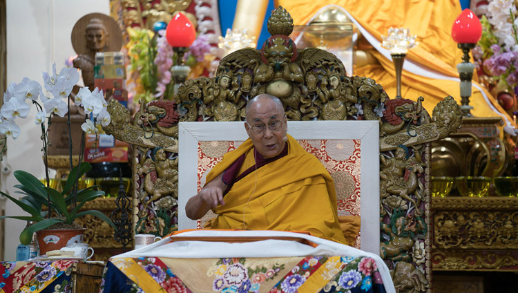 His Holiness the Dalai Lama speaking on the first day of his teachings at the Tsuglagkhang in Dharamsala, HP, India on October 3, 2017. Photo by Tenzin Choejor His Holiness the Dalai Lama speaking on the first day of his teachings at the Tsuglagkhang in Dharamsala, HP, India on October 3, 2017. Photo by Tenzin Choejor