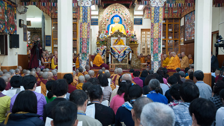 A view inside the Tsuglagkhang on the first day of His Holiness the Dalai Lama's teaching requested by Taiwanese Buddhists in Dharamsala, HP, India on October 3, 2017. Photo by Tenzin Phuntsok A view inside the Tsuglagkhang on the first day of His Holiness the Dalai Lama's teaching requested by Taiwanese Buddhists in Dharamsala, HP, India on October 3, 2017. Photo by Tenzin Phuntsok