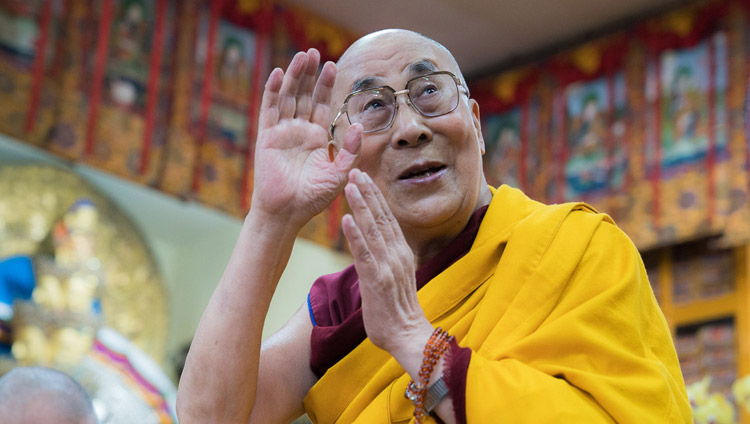 His Holiness the Dalai Lama waving at the audience on his arrival at the Tsuglagkhang on the second day of his teachings in Dharamsala, HP, India on October 4, 2017. Photo by Tenzin Choejor His Holiness the Dalai Lama waving at the audience on his arrival at the Tsuglagkhang on the second day of his teachings in Dharamsala, HP, India on October 4, 2017. Photo by Tenzin Choejor