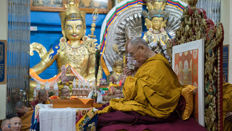 His Holiness the Dalai Lama performing preparatory rituals for the White Tara Long Life Empowerment before the start of the final day of his teachings at the Tsuglagkhang in Dharamsala, HP, India on October 6, 2017. Photo by Tenzin Choejor His Holiness the Dalai Lama performing preparatory rituals for the White Tara Long Life Empowerment before the start of the final day of his teachings at the Tsuglagkhang in Dharamsala, HP, India on October 6, 2017. Photo by Tenzin Choejor