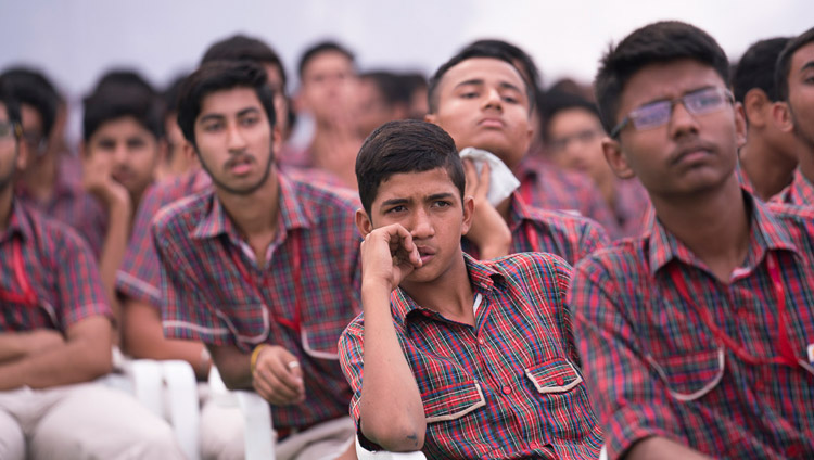 Students attending the launch of the Universal Ethics Curriculum listening to His Holiness the Dalai Lama at CJ DAV Public School in Meerut, UP, India on October 16, 2017. Photo by Tenzin Choejor Students attending the launch of the Universal Ethics Curriculum listening to His Holiness the Dalai Lama at CJ DAV Public School in Meerut, UP, India on October 16, 2017. Photo by Tenzin Choejor