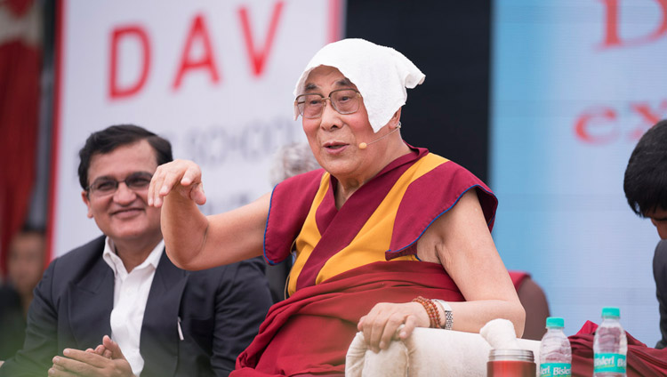 His Holiness the Dalai Lama speaking at the launch of a curriculum prepared by Ayurgyan Nyas introducing training in Universal Ethics at CJ DAV Public School in Meerut, UP, India on October 16, 2017. Photo by Tenzin Choejor His Holiness the Dalai Lama speaking at the launch of a curriculum prepared by Ayurgyan Nyas introducing training in Universal Ethics at CJ DAV Public School in Meerut, UP, India on October 16, 2017. Photo by Tenzin Choejor