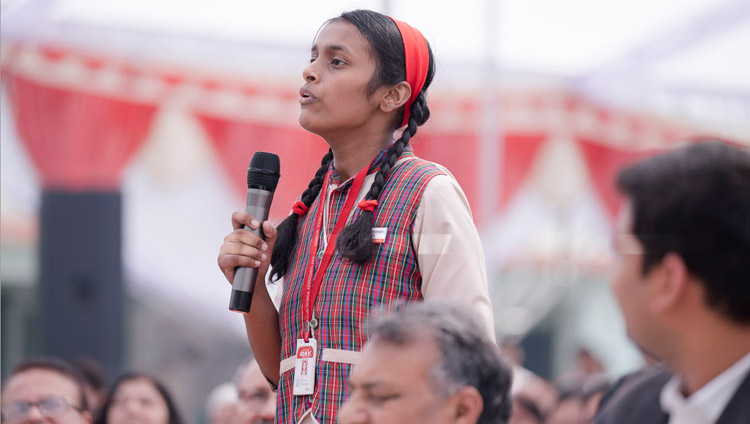 A student asking His Holiness the Dalai Lama a question during the launch of the Universal Ethics Curriculum prepared by Ayurgyan Nyas at CJ DAV Public School in Meerut, UP, India on October 16, 2017. Photo by Tenzin Choejor A student asking His Holiness the Dalai Lama a question during the launch of the Universal Ethics Curriculum prepared by Ayurgyan Nyas at CJ DAV Public School in Meerut, UP, India on October 16, 2017. Photo by Tenzin Choejor