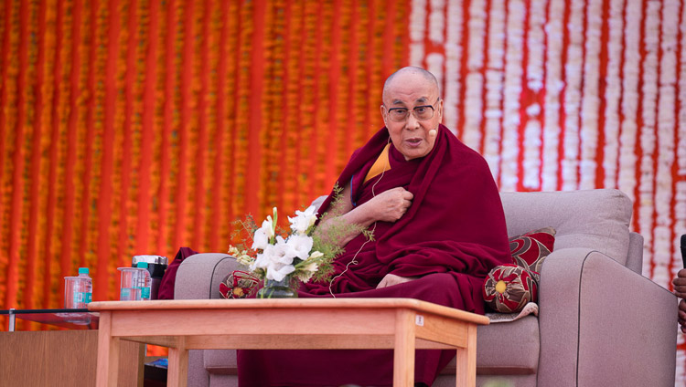 His Holiness the Dalai Lama speaking to students about Universal Values at Salwan Public School in Delhi, India on November 18, 2017. Photo by Tenzin Choejor His Holiness the Dalai Lama speaking to students about Universal Values at Salwan Public School in Delhi, India on November 18, 2017. Photo by Tenzin Choejor