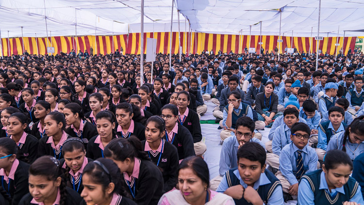 Students listening to His Holiness the Dalai Lama speaking at Salwan Public School in Delhi, India on November 18, 2017. Photo by Tenzin Choejor Students listening to His Holiness the Dalai Lama speaking at Salwan Public School in Delhi, India on November 18, 2017. Photo by Tenzin Choejor