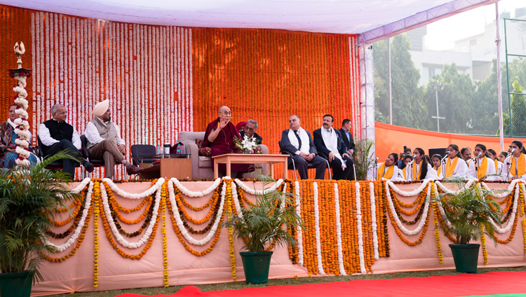 His Holiness the Dalai Lama speaking to students about Universal Values at Salwan Public School in Delhi, India on November 18, 2017. Photo by Tenzin Choejor His Holiness the Dalai Lama speaking to students about Universal Values at Salwan Public School in Delhi, India on November 18, 2017. Photo by Tenzin Choejor