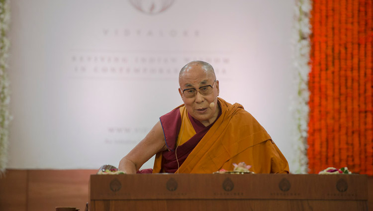 His Holiness the Dalai Lama speaking on the second day of his teachings at Somaiya Vidyavihar Campus Auditorium in Mumbai, India on December 9, 2017. Photo by Lobsang Tsering His Holiness the Dalai Lama speaking on the second day of his teachings at Somaiya Vidyavihar Campus Auditorium in Mumbai, India on December 9, 2017. Photo by Lobsang Tsering