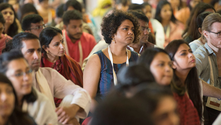 Members of the audience listening to His Holiness the Dalai Lama on the second day of his teachings at Somaiya Vidyavihar Campus Auditorium in Mumbai, India on December 9, 2017. Photo by Lobsang Tsering Members of the audience listening to His Holiness the Dalai Lama on the second day of his teachings at Somaiya Vidyavihar Campus Auditorium in Mumbai, India on December 9, 2017. Photo by Lobsang Tsering