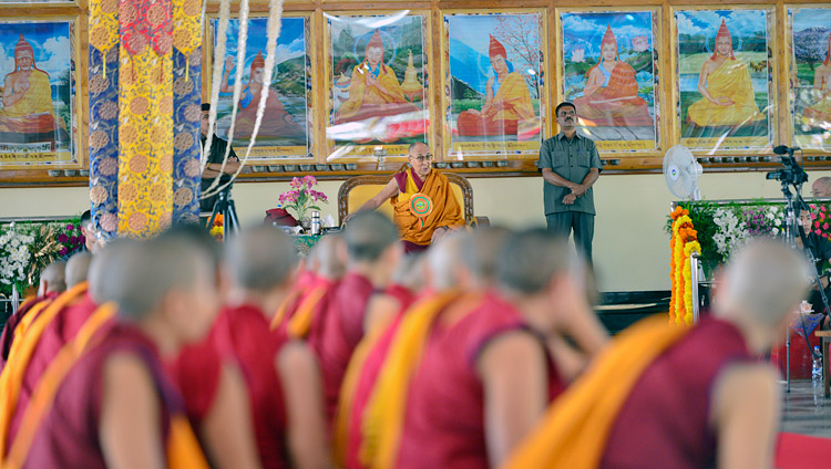 His Holiness the Dalai Lama speaking at the inauguration of the new debate yard at Jangchub Choeling Nunnery in Mundgod, Karnataka, India on December 15, 2017. Photo by Lobsang Tsering His Holiness the Dalai Lama speaking at the inauguration of the new debate yard at Jangchub Choeling Nunnery in Mundgod, Karnataka, India on December 15, 2017. Photo by Lobsang Tsering
