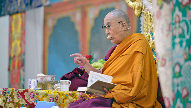 His Holiness the Dalai Lama commenting on the text "Three Principal Aspects of the Path" during his teaching at Ganden Lachi Monastery in Mundgod, Karnataka, India on December 17, 2017. Photo by Lobsang Tsering His Holiness the Dalai Lama commenting on the text "Three Principal Aspects of the Path" during his teaching at Ganden Lachi Monastery in Mundgod, Karnataka, India on December 17, 2017. Photo by Lobsang Tsering