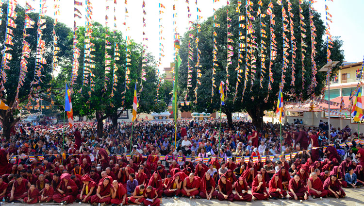 A view of the courtyard with over 8,000 Tibetans and people from the Himalayan region attending His Holiness the Dalai Lama's teaching at Ganden Lachi Monastery in Mundgod, Karnataka, India on December 17, 2017. Photo by Lobsang Tsering A view of the courtyard with over 8,000 Tibetans and people from the Himalayan region attending His Holiness the Dalai Lama's teaching at Ganden Lachi Monastery in Mundgod, Karnataka, India on December 17, 2017. Photo by Lobsang Tsering