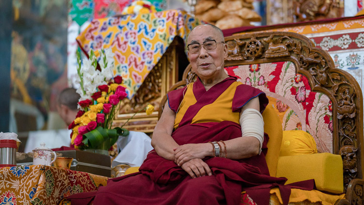 His Holiness the Dalai Lama addressing the gathering during the welcoming ceremony at Sera Lachi Monastery in Bylakuppe, Karnataka, India on December 19, 2017. Photo by Tenzin Choejor His Holiness the Dalai Lama addressing the gathering during the welcoming ceremony at Sera Lachi Monastery in Bylakuppe, Karnataka, India on December 19, 2017. Photo by Tenzin Choejor