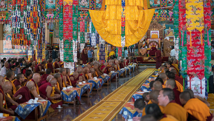 A view of Sera Lachi Assembly Hall during the welcome ceremony for His Holiness the Dalai Lama in Bylakuppe, Karnataka, India on December 19, 2017. Photo by Tenzin Choejor A view of Sera Lachi Assembly Hall during the welcome ceremony for His Holiness the Dalai Lama in Bylakuppe, Karnataka, India on December 19, 2017. Photo by Tenzin Choejor