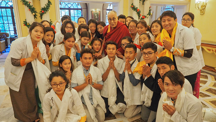 His Holiness the Dalai Lama with group of 25 Tibetan youths who help Tibetan patients who come from the Tibetan settlements for treatment in Bengaluru after their meeting in Bengaluru, Karnataka, India on December 24, 2017. Photo by Jeremy Russell His Holiness the Dalai Lama with group of 25 Tibetan youths who help Tibetan patients who come from the Tibetan settlements for treatment in Bengaluru after their meeting in Bengaluru, Karnataka, India on December 24, 2017. Photo by Jeremy Russell