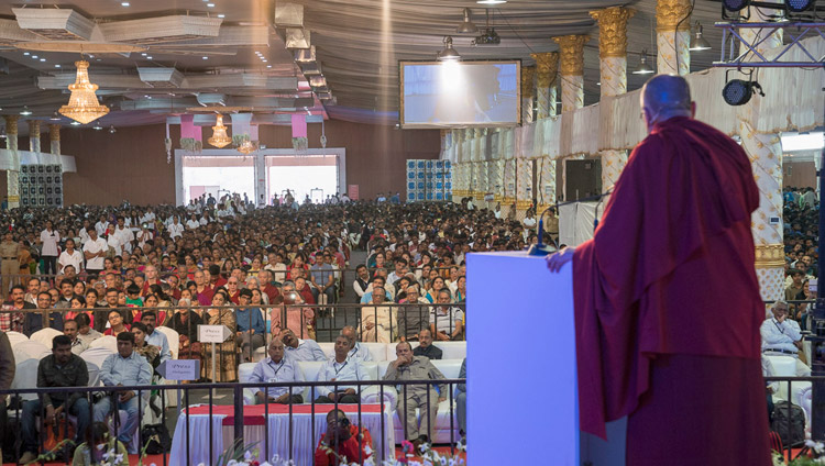 His Holiness the Dalai Lama speaking to the over 14,000 people attending Seshadripuram Group of Institutions Silver Jubilee in Bengaluru, Karnataka, India on December 24, 2017. Photo by Lobsang Tsering His Holiness the Dalai Lama speaking to the over 14,000 people attending Seshadripuram Group of Institutions Silver Jubilee in Bengaluru, Karnataka, India on December 24, 2017. Photo by Lobsang Tsering