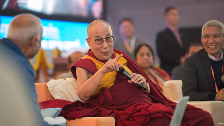 His Holiness the Dalai Lama commenting on the presentations delivered on the second day of the conference on Mind in Indian Philosophical Schools of Thought and Modern Science at the Central Institute of Higher Tibetan Studies in Sarnath, Varanasi, India on December 31, 2017. Photo by Lobsang Tsering His Holiness the Dalai Lama commenting on the presentations delivered on the second day of the conference on Mind in Indian Philosophical Schools of Thought and Modern Science at the Central Institute of Higher Tibetan Studies in Sarnath, Varanasi, India on December 31, 2017. Photo by Lobsang Tsering