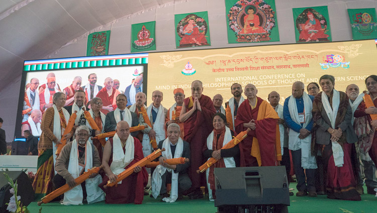 His Holiness the Dalai Lama with the presenters and organizers of the conference on Mind in Indian Philosophical Schools of Thought and Modern Science at the Central Institute of Higher Tibetan Studies in Sarnath, Varanasi, India on December 31, 2017. Photo by Lobsang Tsering His Holiness the Dalai Lama with the presenters and organizers of the conference on Mind in Indian Philosophical Schools of Thought and Modern Science at the Central Institute of Higher Tibetan Studies in Sarnath, Varanasi, India on December 31, 2017. Photo by Lobsang Tsering