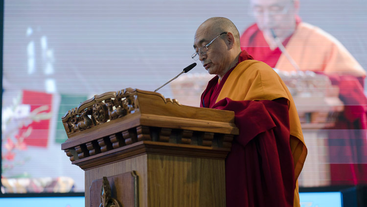 Vice-Chancellor Geshe Ngawang Samten delivering his welcome address at the Central Institute of Higher Tibetan Studies' Golden Jubilee celebration in Sarnath, Varanasi, India on January 1, 2018. Photo by Tenzin Phuntsok Vice-Chancellor Geshe Ngawang Samten delivering his welcome address at the Central Institute of Higher Tibetan Studies' Golden Jubilee celebration in Sarnath, Varanasi, India on January 1, 2018. Photo by Tenzin Phuntsok
