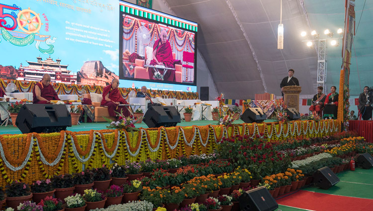 Sikyong Dr Lobsang Sangay speaking at the Central Institute of Higher Tibetan Studies' Golden Jubilee celebration in Sarnath, Varanasi, India on January 1, 2018. Photo by Tenzin Phuntsok Sikyong Dr Lobsang Sangay speaking at the Central Institute of Higher Tibetan Studies' Golden Jubilee celebration in Sarnath, Varanasi, India on January 1, 2018. Photo by Tenzin Phuntsok