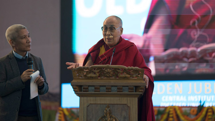 His Holiness the Dalai Lama addressing the audience during the Central Institute of Higher Tibetan Studies' Golden Jubilee celebration in Sarnath, Varanasi, India on January 1, 2018. Photo by Tenzin Phuntsok His Holiness the Dalai Lama addressing the audience during the Central Institute of Higher Tibetan Studies' Golden Jubilee celebration in Sarnath, Varanasi, India on January 1, 2018. Photo by Tenzin Phuntsok