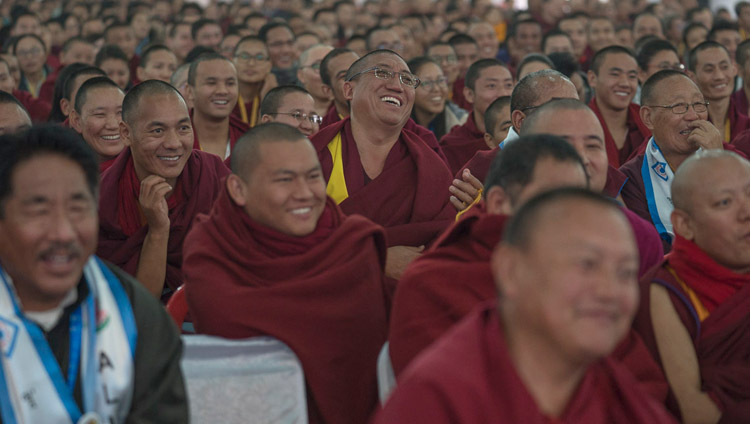 Members of the audience listening to His Holiness the Dalai Lama speaking at the Central Institute of Higher Tibetan Studies' Golden Jubilee celebration in Sarnath, Varanasi, India on January 1, 2018. Photo by Tenzin Phuntsok Members of the audience listening to His Holiness the Dalai Lama speaking at the Central Institute of Higher Tibetan Studies' Golden Jubilee celebration in Sarnath, Varanasi, India on January 1, 2018. Photo by Tenzin Phuntsok