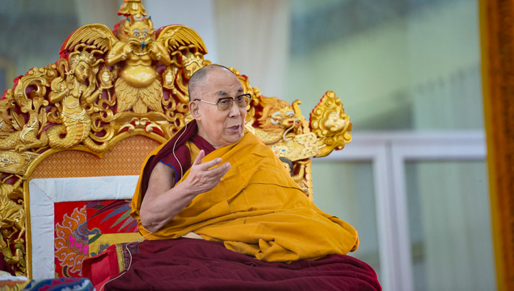 His Holiness the Dalai Lama speaking on the first day of his teachings at the Kalachakra Maidan in Bodhgaya, Bihar, India on January 5, 2018. Photo by Lobsang Tsering His Holiness the Dalai Lama speaking on the first day of his teachings at the Kalachakra Maidan in Bodhgaya, Bihar, India on January 5, 2018. Photo by Lobsang Tsering
