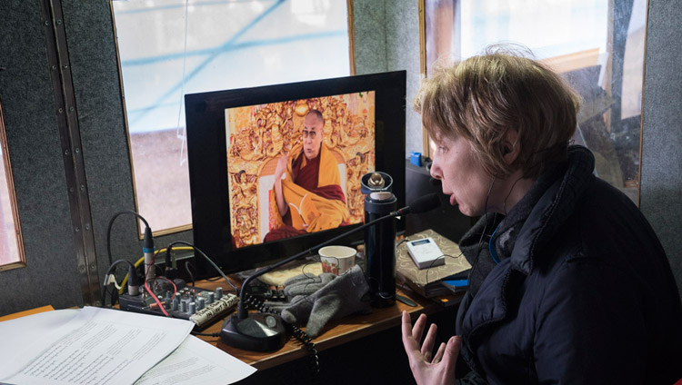 The Russian interpreter, one of 12 different translations available, working during the first day of His Holiness the Dalai Lama's teaching in Bodhgaya, Bihar, India on January 5, 2018. Photo by Lobsang Tsering The Russian interpreter, one of 12 different translations available, working during the first day of His Holiness the Dalai Lama's teaching in Bodhgaya, Bihar, India on January 5, 2018. Photo by Lobsang Tsering