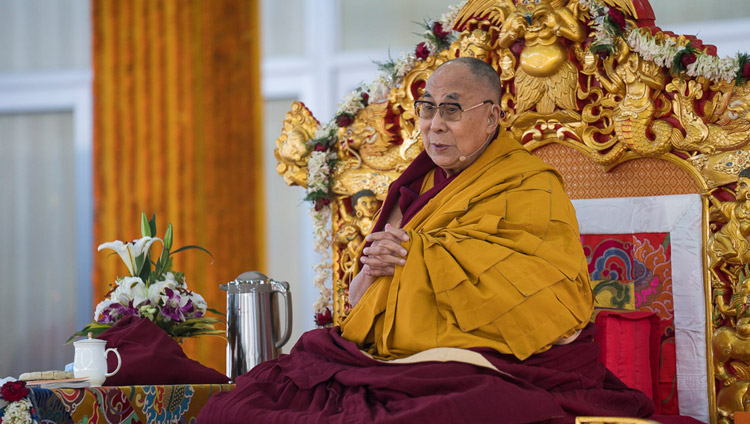 His Holiness the Dalai Lama speaking on the third day of teachings in Bodhgaya, Bihar, India on January 7, 2018. Photo by Lobsang Tsering His Holiness the Dalai Lama speaking on the third day of teachings in Bodhgaya, Bihar, India on January 7, 2018. Photo by Lobsang Tsering