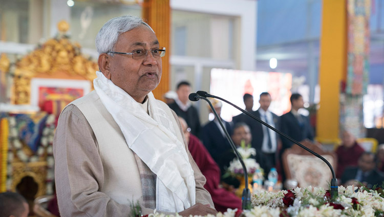 Bihar Chief Minister Nitish Kumar speaking at the release ceremony for "Science and Philosophy in the Indian Buddhist Classics, Vol. 1: The Physical World" in Bodhgaya, Bihar, India on January 7, 2018. Photo by Lobsang Tsering Bihar Chief Minister Nitish Kumar speaking at the release ceremony for "Science and Philosophy in the Indian Buddhist Classics, Vol. 1: The Physical World" in Bodhgaya, Bihar, India on January 7, 2018. Photo by Lobsang Tsering