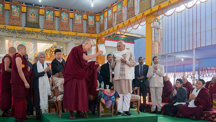 His Holiness the Dalai Lama and Bihar Chief Minister Nitish Kumar releasing "Science and Philosophy in the Indian Buddhist Classics, Vol. 1: The Physical World" in Bodhgaya, Bihar, India on January 7, 2018. Photo by Lobsang Tsering His Holiness the Dalai Lama and Bihar Chief Minister Nitish Kumar releasing "Science and Philosophy in the Indian Buddhist Classics, Vol. 1: The Physical World" in Bodhgaya, Bihar, India on January 7, 2018. Photo by Lobsang Tsering