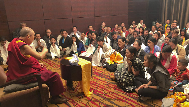 His Holiness the Dalai Lama meeting with members of the Tibetan community in Pune, Maharashtra, India on January 10, 2018. Photo by Tenzin Taklha His Holiness the Dalai Lama meeting with members of the Tibetan community in Pune, Maharashtra, India on January 10, 2018. Photo by Tenzin Taklha