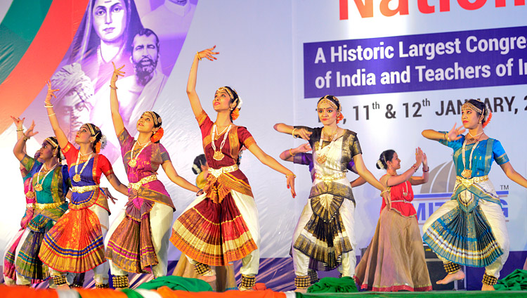 Artists performing classical dance at the start of the 2nd National Teachers' Congress Inaugural Ceremony in Pune, Maharashtra, India on January 10, 2018. Photo by Lobsang Tsering Artists performing classical dance at the start of the 2nd National Teachers' Congress Inaugural Ceremony in Pune, Maharashtra, India on January 10, 2018. Photo by Lobsang Tsering