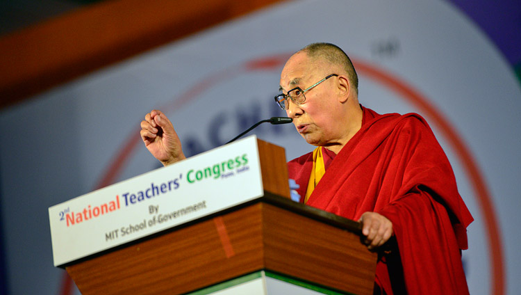 His Holiness the Dalai Lama addressing the audience at the 2nd National Teachers' Congress Inaugural Ceremony at the campus of MAEER MIT World Peace University in Pune, Maharashtra, India on January 10, 2018. Photo by Lobsang Tsering His Holiness the Dalai Lama addressing the audience at the 2nd National Teachers' Congress Inaugural Ceremony at the campus of MAEER MIT World Peace University in Pune, Maharashtra, India on January 10, 2018. Photo by Lobsang Tsering