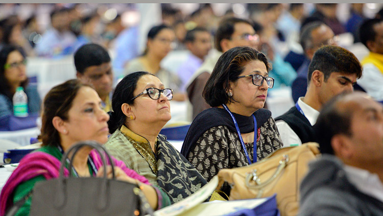 Members of the audience listening to His Holiness the Dalai Lama's address at the 2nd National Teachers' Congress Inaugural Ceremony at the campus of MAEER MIT World Peace University in Pune, Maharashtra, India on January 10, 2018. Photo by Lobsang Tsering Members of the audience listening to His Holiness the Dalai Lama's address at the 2nd National Teachers' Congress Inaugural Ceremony at the campus of MAEER MIT World Peace University in Pune, Maharashtra, India on January 10, 2018. Photo by Lobsang Tsering