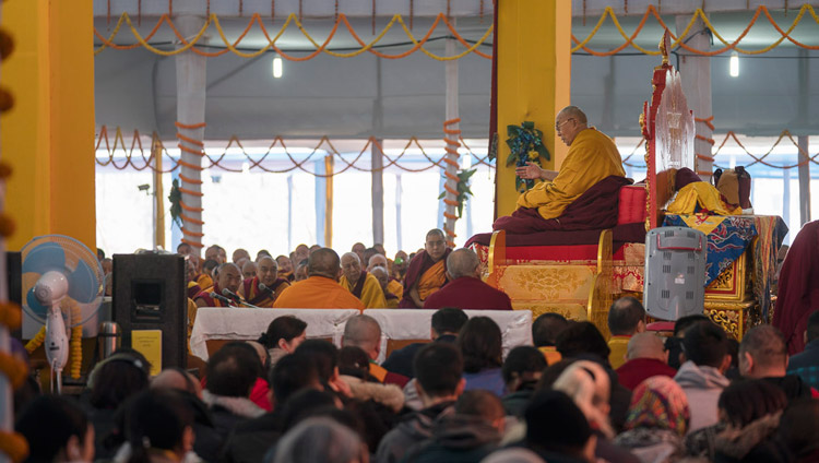 His Holiness the Dalai Lama addressing the crowd on the first day of his teachings in Bodhgaya, Bihar, India on January 14, 2018. Photo by Lobsang Tsering His Holiness the Dalai Lama addressing the crowd on the first day of his teachings in Bodhgaya, Bihar, India on January 14, 2018. Photo by Lobsang Tsering