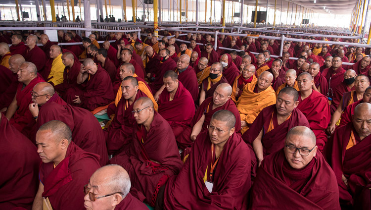 Members of the monastic community attending the preparations for the Thirteen Deity Vajrabhairava Empowerment given by His Holiness the Dalai Lama in Bodhgaya, Bihar, India on January 18, 2018. Photo by Manuel Bauer
