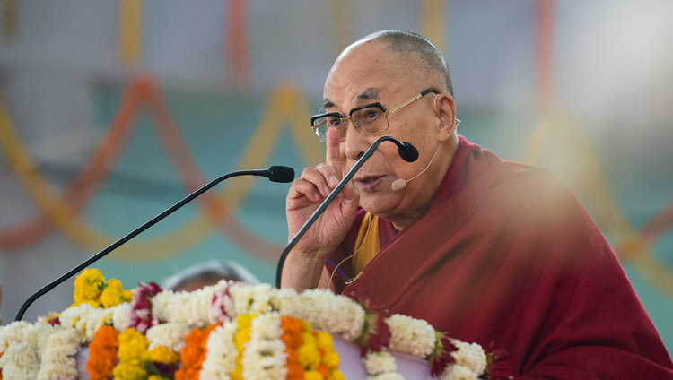 His Holiness the Dalai Lama speaking to students from Bihar on Universal Values in Bodhgaya, Bihar, India on January 25, 2018. Photo by Lobsang Tsering His Holiness the Dalai Lama speaking to students from Bihar on Universal Values in Bodhgaya, Bihar, India on January 25, 2018. Photo by Lobsang Tsering