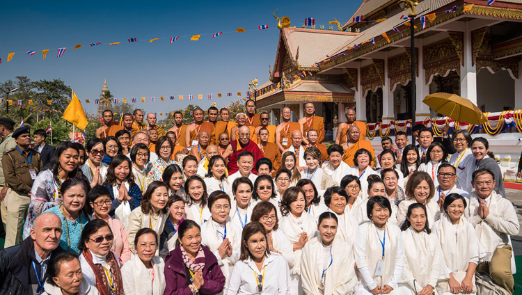 His Holiness the Dalai Lama with members and supporters of the Thai Bharat Society’s Wat Pa Buddhagaya Vanaram Temple in Bodhgaya, Bihar, India on January 25, 2018. Photo by Tenzin Choejor His Holiness the Dalai Lama with members and supporters of the Thai Bharat Society’s Wat Pa Buddhagaya Vanaram Temple in Bodhgaya, Bihar, India on January 25, 2018. Photo by Tenzin Choejor