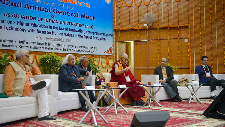 His Holiness the Dalai Lama speaking during a short interaction with Vice-Chancellors on the second day of the Association of Indian Universities’ Meet at Sarnath, UP, India on March 20, 2018. Photo by Lobsang Tsering His Holiness the Dalai Lama speaking during a short interaction with Vice-Chancellors on the second day of the Association of Indian Universities’ Meet at Sarnath, UP, India on March 20, 2018. Photo by Lobsang Tsering