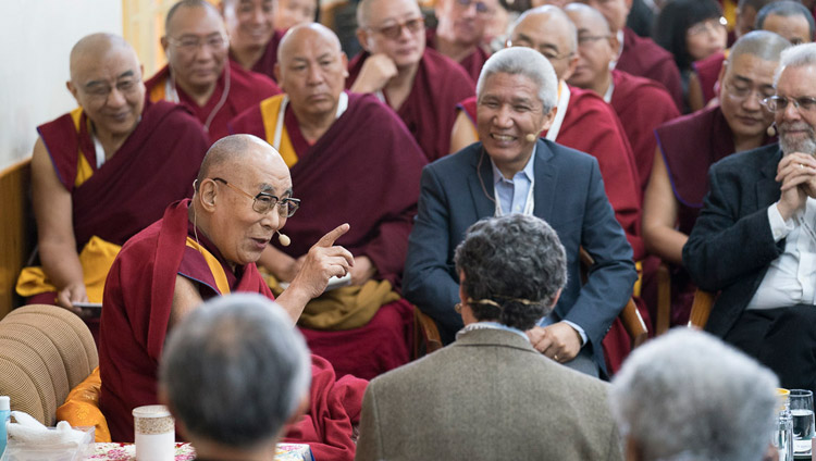 His Holiness the Dalai remarking on the purpose of his meeting with scientists on the opening day of the 33rd Mind & Life Conference - Reimagining Human Flourishing - at the Main Tibetan Temple in Dharamsala, HP, India on March 12, 2018. Photo by Tenzin Choejor His Holiness the Dalai remarking on the purpose of his meeting with scientists on the opening day of the 33rd Mind & Life Conference - Reimagining Human Flourishing - at the Main Tibetan Temple in Dharamsala, HP, India on March 12, 2018. Photo by Tenzin Choejor