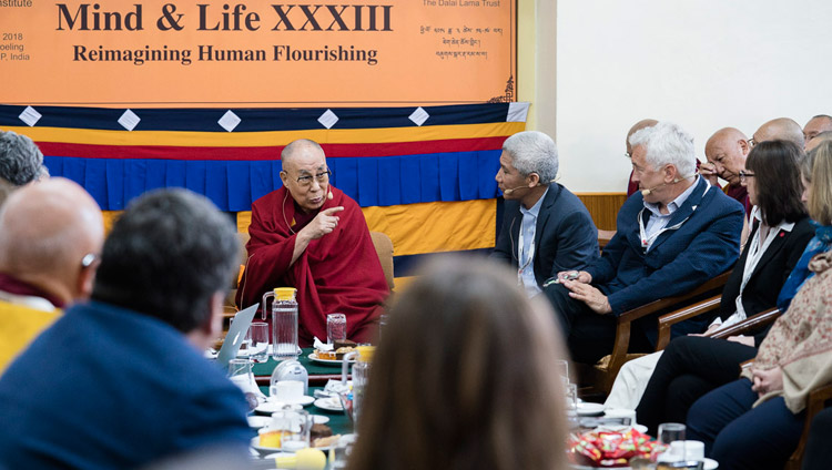 His Holiness the Dalai Lama addressing the gathering on the opening day of the 33rd Mind & Life Conference - Reimagining Human Flourishing - at the Main Tibetan Temple in Dharamsala, HP, India on March 12, 2018. Photo by Tenzin Choejor His Holiness the Dalai Lama addressing the gathering on the opening day of the 33rd Mind & Life Conference - Reimagining Human Flourishing - at the Main Tibetan Temple in Dharamsala, HP, India on March 12, 2018. Photo by Tenzin Choejor