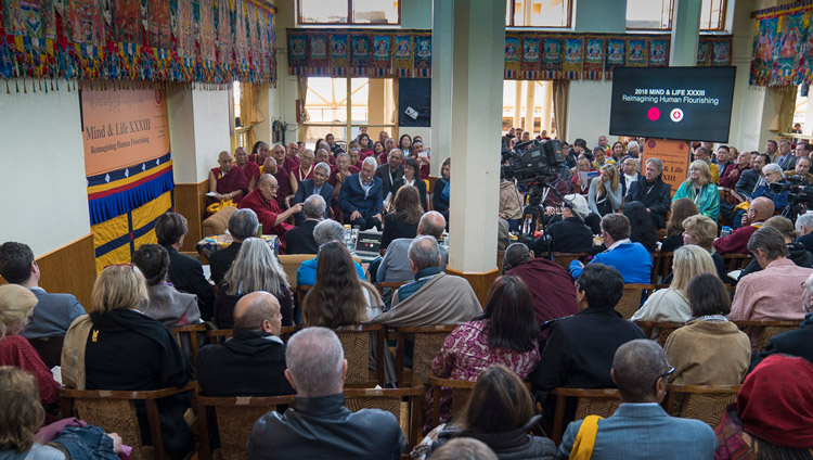 His Holiness the Dalai Lama remarking on Dan Goleman's presentation as the morning session of the opening day of the 33rd Mind & Life Conference neared it's conclusion at the Main Tibetan Temple in Dharamsala, HP, India on March 12, 2018. Photo by Tenzin Choejor His Holiness the Dalai Lama remarking on Dan Goleman's presentation as the morning session of the opening day of the 33rd Mind & Life Conference neared it's conclusion at the Main Tibetan Temple in Dharamsala, HP, India on March 12, 2018. Photo by Tenzin Choejor