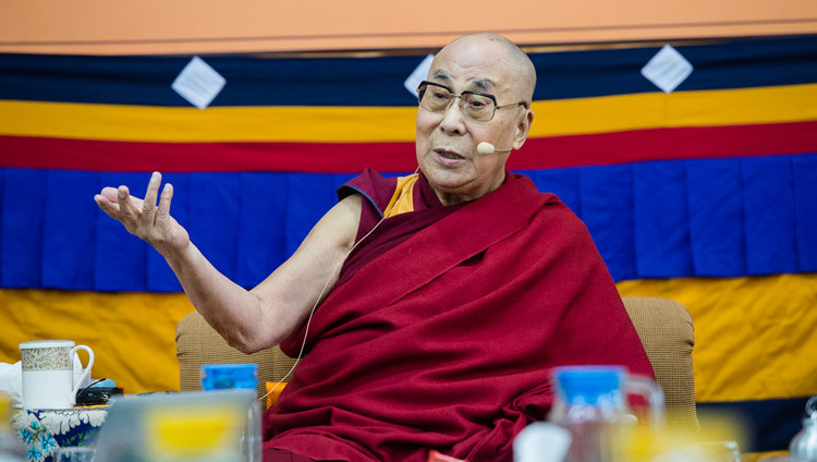 His Holiness the Dalai Lama speaking at the start of the fourth day of the Mind & Life Conference at the Main Tibetan Temple in Dharamsala, HP, India on March 15, 2018. Photo by Tenzin Phuntsok His Holiness the Dalai Lama speaking at the start of the fourth day of the Mind & Life Conference at the Main Tibetan Temple in Dharamsala, HP, India on March 15, 2018. Photo by Tenzin Phuntsok