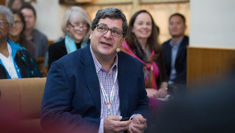Robert Roeser reviewing his research as a developmental, educational psychologist on the fourth day of the Mind & Life Conference at the Main Tibetan Temple in Dharamsala, HP, India on March 15, 2018. Photo by Tenzin Choejor Robert Roeser reviewing his research as a developmental, educational psychologist on the fourth day of the Mind & Life Conference at the Main Tibetan Temple in Dharamsala, HP, India on March 15, 2018. Photo by Tenzin Choejor