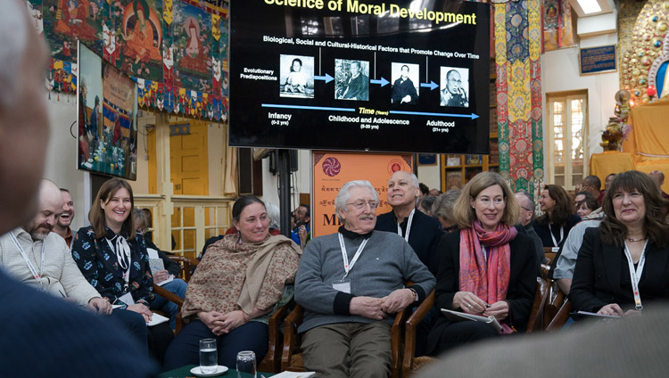 Fellow participants and guests listening to Robert Roeser's presentation on the fourth day of the Mind & Life Conference at the Main Tibetan Temple in Dharamsala, HP, India on March 15, 2018. Photo by Tenzin Choejor Fellow participants and guests listening to Robert Roeser's presentation on the fourth day of the Mind & Life Conference at the Main Tibetan Temple in Dharamsala, HP, India on March 15, 2018. Photo by Tenzin Choejor