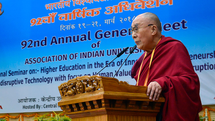His Holiness the Dalai Lama delivering the inaugural address at the 92nd Annual Meet of Association of Indian Universities at CIHTS in Sarnath, UP, India on March 19, 2018. Photo by Lobsang Tsering His Holiness the Dalai Lama delivering the inaugural address at the 92nd Annual Meet of Association of Indian Universities at CIHTS in Sarnath, UP, India on March 19, 2018. Photo by Lobsang Tsering